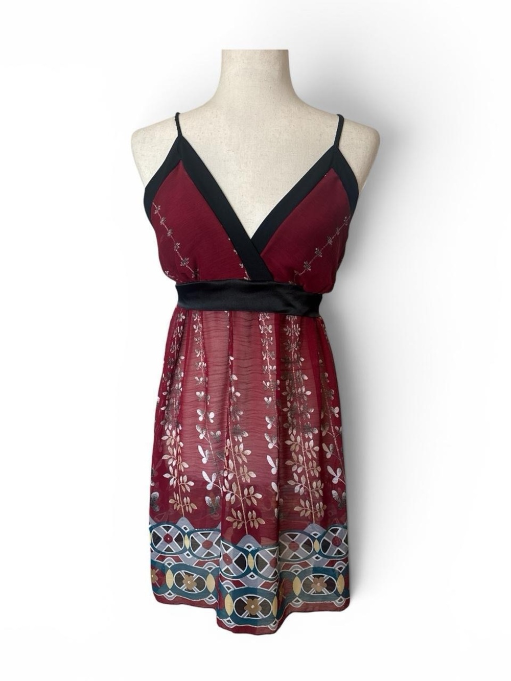 Y2K Cover Up Tie Back Spaghetti Strap Burgundy and Black Floral Mini Dress